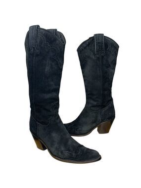 Gerard Darel Paris Black Suede Cowboy Boots 37 Pointed Wing Tip Western Italy